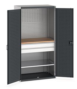 Bott cubio kitted cupboard with lockable steel perfo lined doors 1050mm wide x 650mm deep x 2000mm high.  Supplied with Perfo/Louvre back panels, 1 x wooden worktop, 1 x metal shelf and 2 drawers.   Shelf capacity 100kgs. Drawer Capacity 75kgs. ... Bott 1050mm wide x 650mm deep pre Kitted cupboards with Shelves Drawers or Eurocontainers